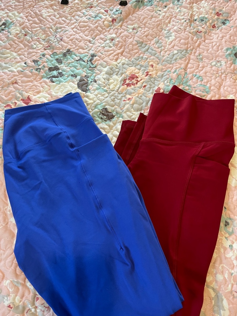 High-Rise Performance Leggings in Blue and Burgundy